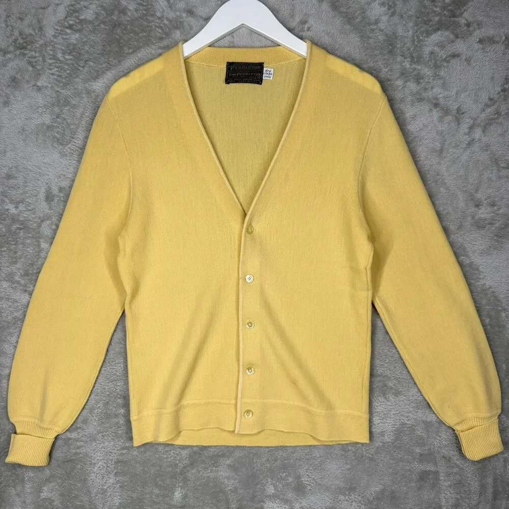 Vtg 70s Pendleton Cardigan Sweater Mens Medium Sir Yellow Virgin Wool USA Made